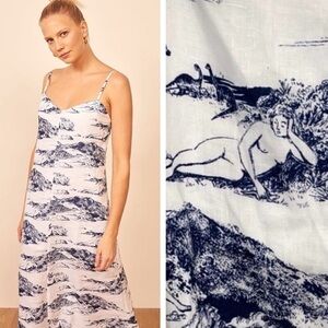 LIKE NEW 100% Linen Reformation Gisele Midi Dress Covina White Blue Size Small